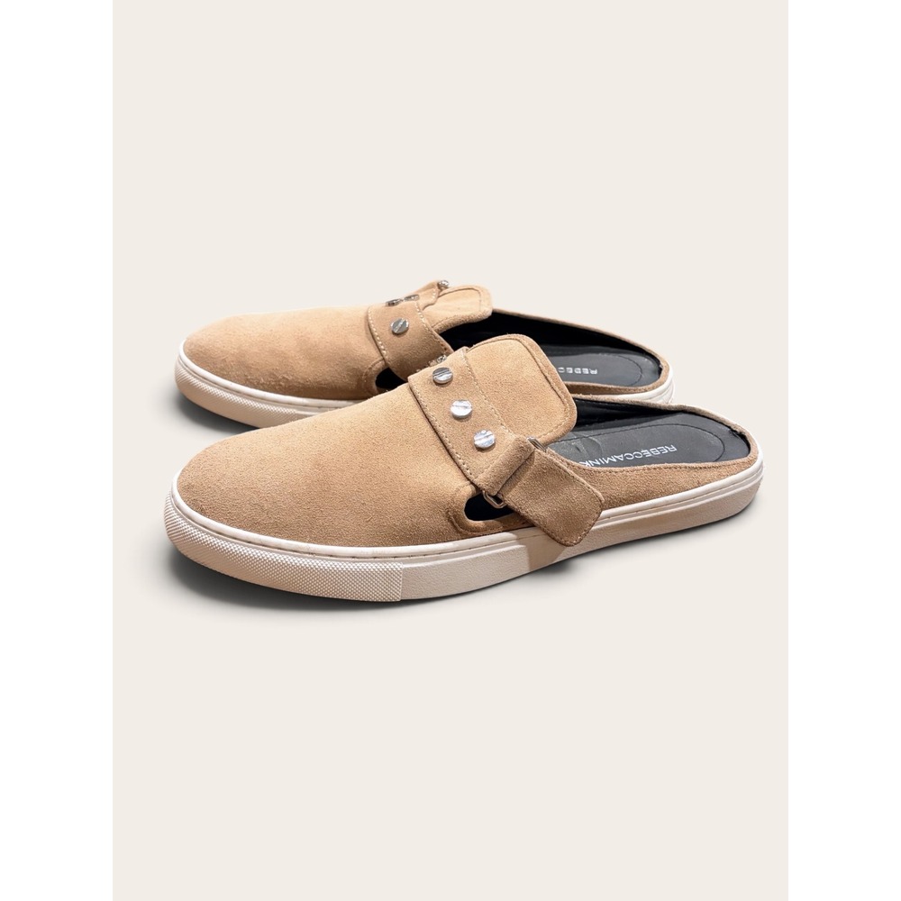 Rebecca Minkoff Suede Studded Mule Sneakers Women 8.5 Tan Beige Buckle Flats